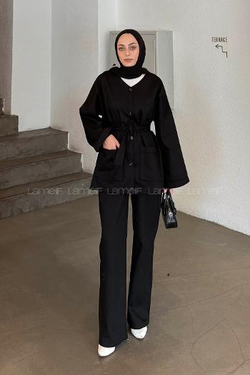 Lamelif Kuşaklı Gabardin Takım Siyah