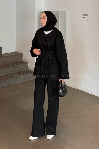 Lamelif Kuşaklı Gabardin Takım Siyah