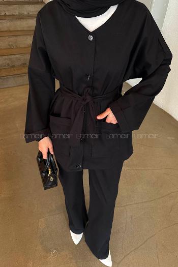 Lamelif Kuşaklı Gabardin Takım Siyah
