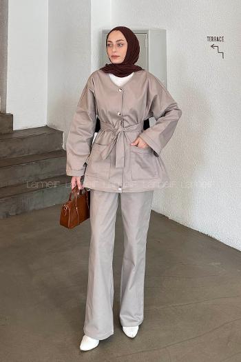Stone V Neck Long Arm Gabardin Regular Trousers Linen Suit