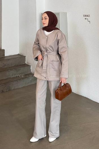 Stone V Neck Long Arm Gabardin Regular Trousers Linen Suit