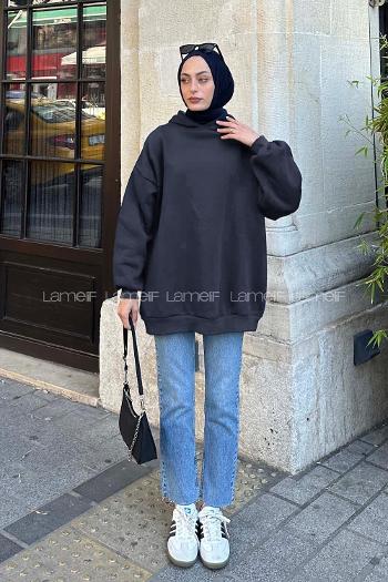 Lamelif Kapüşonlu Salaş Sweatshirt Koyu Lacivert