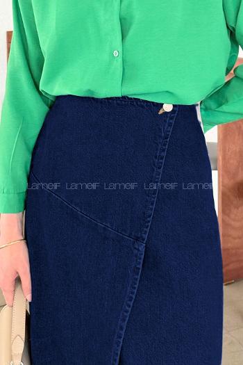 Lamelif Kruvaze Kapama Tesettür Kot Etek Koyu Mavi