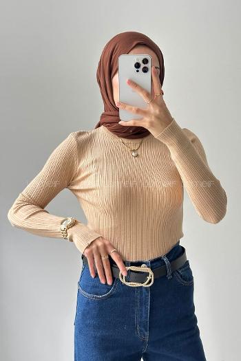 Lamelif Bisiklet Yaka Fittilli Triko Body Camel