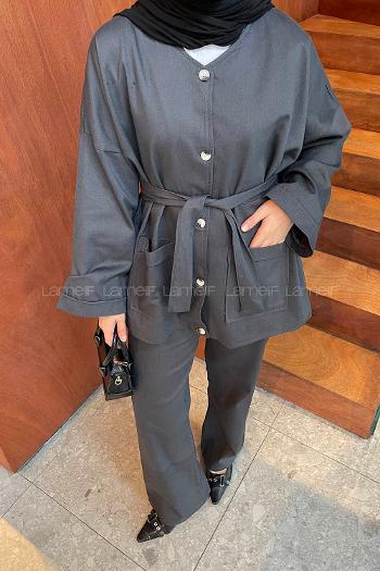 Anthracite V Neck Long Arm Gabardin Regular Trousers Linen Suit