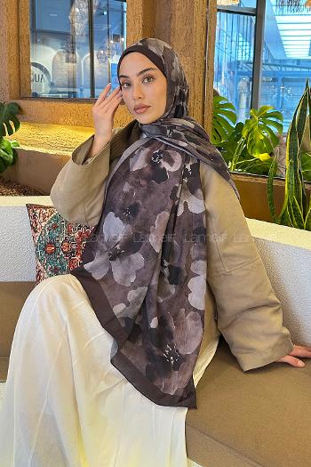 Lamelif Batik Çiçek Desen Bambu Şal Acı Kahve