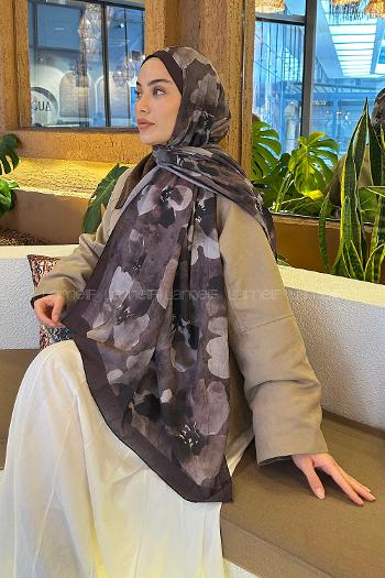 Lamelif Batik Çiçek Desen Bambu Şal Acı Kahve