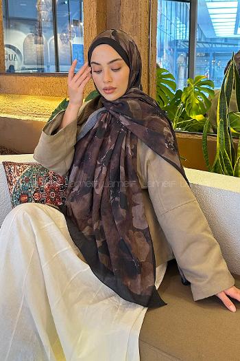 Lamelif Batik Çiçek Desen Bambu Şal Siyah Kahverengi