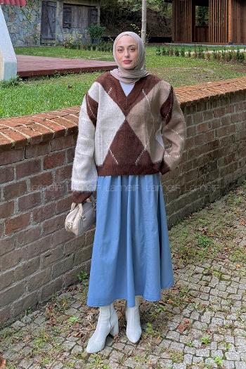 Lamelif Baklava Desen Kazak Kahverengi