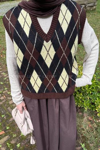 Lamelif Baklava Desenli Süveter Acı Kahve