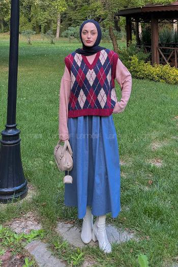 Lamelif Baklava Desenli Süveter Bordo