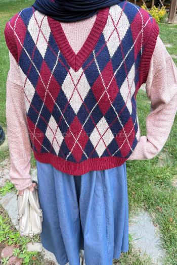 Lamelif Baklava Desenli Süveter Bordo