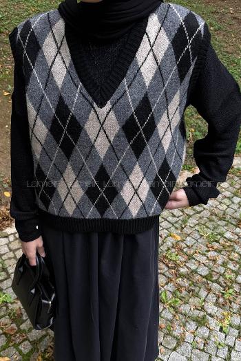 Lamelif Baklava Desenli Süveter Siyah