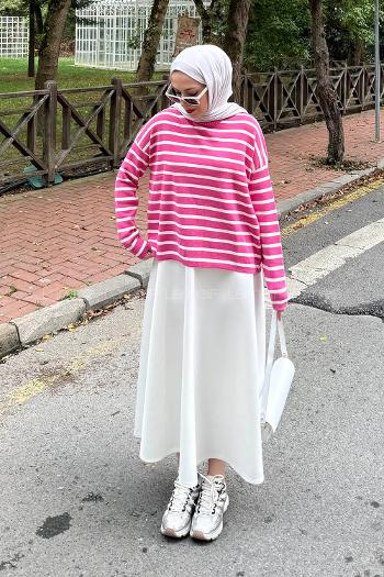 Lamelif Çizgili BalIkçı Kazak Fuşya