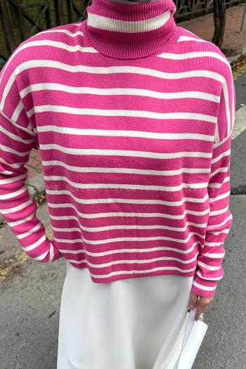 Lamelif Çizgili BalIkçı Kazak Fuşya