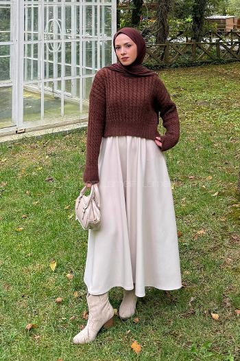 Lamelif Crop Triko Kazak Acı Kahve