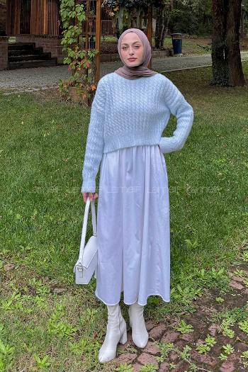 Lamelif Crop Triko Kazak Bebek Mavisi