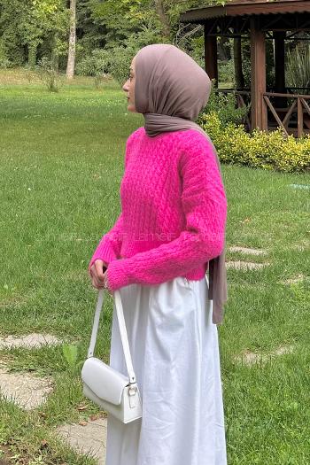 Lamelif Crop Triko Kazak Fuşya