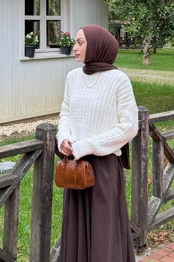 Lamelif Crop Triko Kazak Kemik Rengi