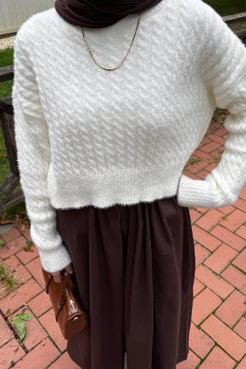 Lamelif Crop Triko Kazak Kemik Rengi