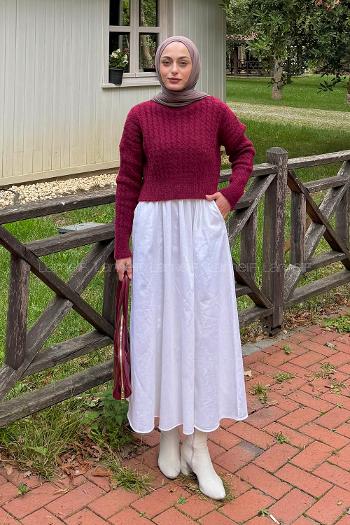 Lamelif Crop Triko Kazak Pudra Bordo