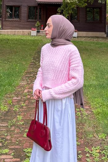 Lamelif Crop Triko Kazak Pudra Rengi