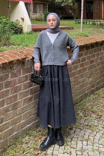 Anthracite V Neck Long Arm Elastan Polyester Cardigan