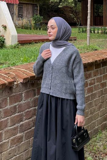 Anthracite V Neck Long Arm Elastan Polyester Cardigan