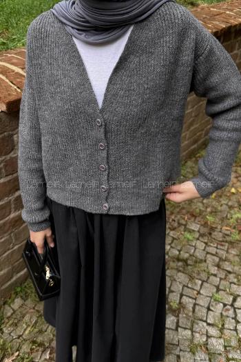 Anthracite V Neck Long Arm Elastan Polyester Cardigan