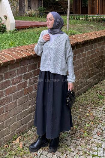 Gray V Neck Long Arm Elastan Polyester Cardigan