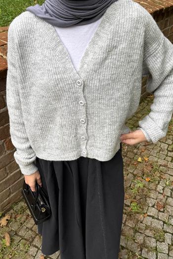 Gray V Neck Long Arm Elastan Polyester Cardigan