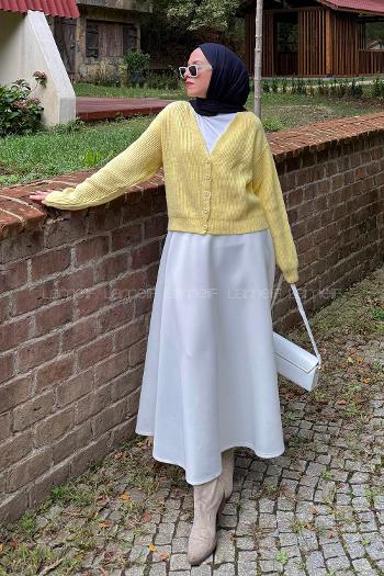 Yellow V Neck Long Arm Elastan Polyester Cardigan