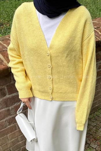 Yellow V Neck Long Arm Elastan Polyester Cardigan