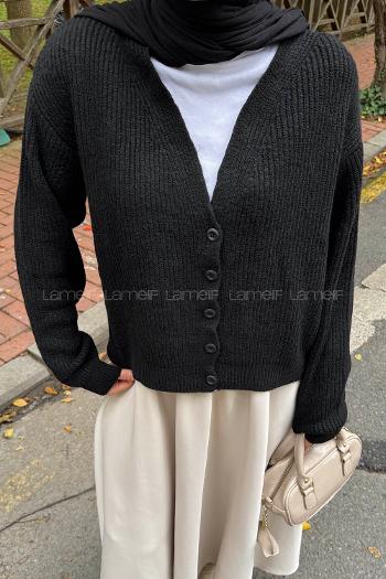 Lamelif Crop V Yaka Hırka Siyah
