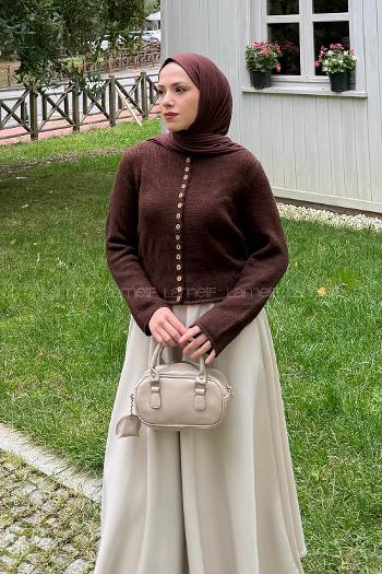 Bitter Brown Crew Neck Long Arm Acrylic Elastan Cardigan