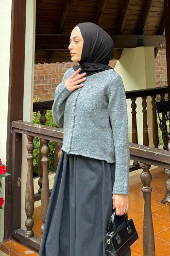 Anthracite Crew Neck Long Arm Acrylic Elastan Cardigan