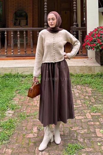 Beige Crew Neck Long Arm Acrylic Elastan Cardigan