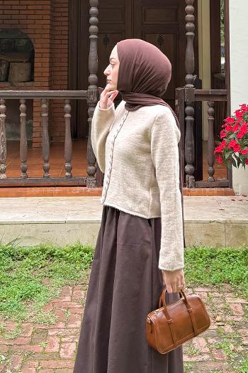 Beige Crew Neck Long Arm Acrylic Elastan Cardigan