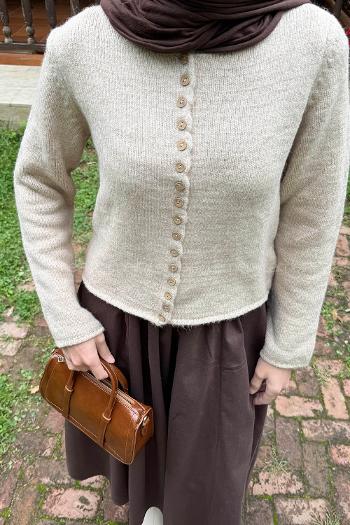 Beige Crew Neck Long Arm Acrylic Elastan Cardigan