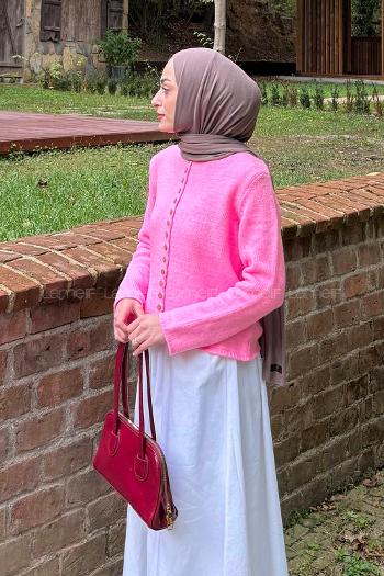 Lamelif Düğme Detaylı Hırka Pembe