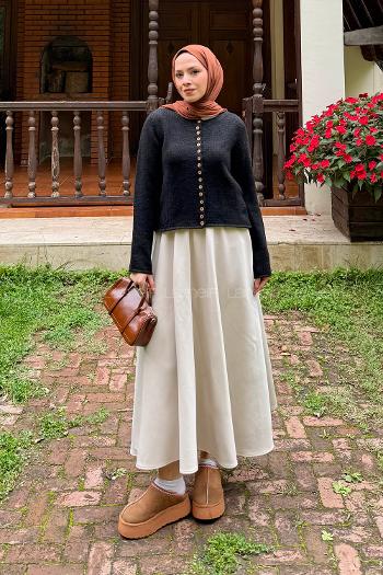 Black Crew Neck Long Arm Acrylic Elastan Cardigan