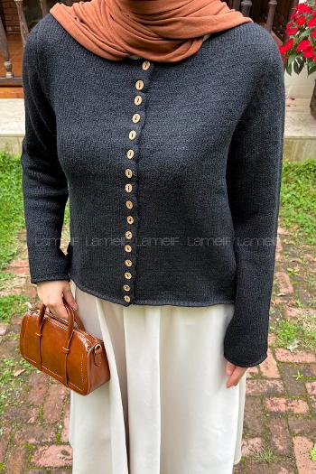 Black Crew Neck Long Arm Acrylic Elastan Cardigan