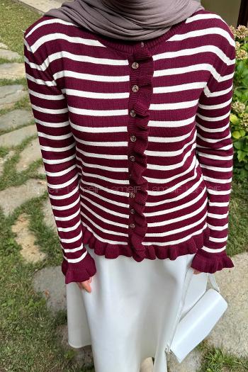 Claret Red Neckband Long Arm Acrylic Cardigan