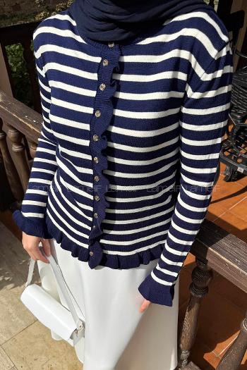 Lamelif Fırfırlı Çizgili Hırka Lacivert