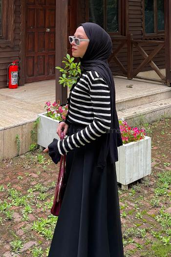 Lamelif Fırfırlı Çizgili Hırka Siyah