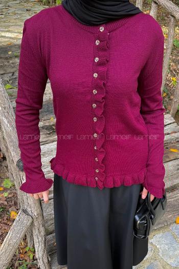 Lamelif Fırfırlı Hırka Bordo