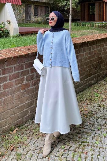 Baby Blue Crew Neck Long Arm Polyester Cardigan