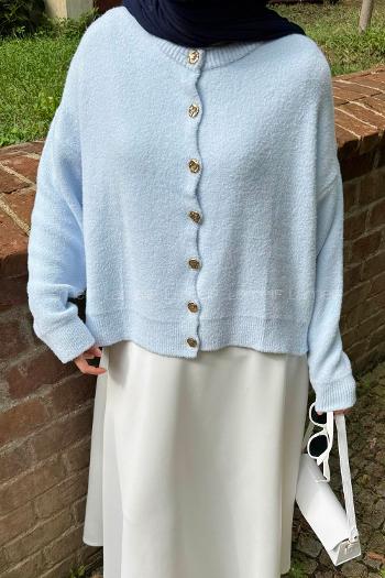 Baby Blue Crew Neck Long Arm Polyester Cardigan