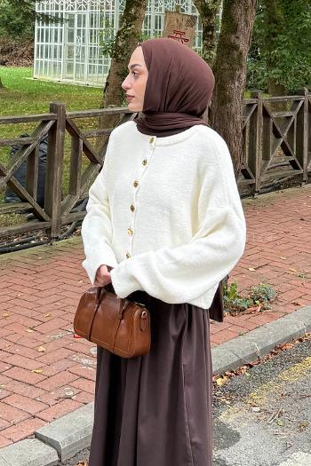 Lamelif Gold Düğme Detaylı Hırka Beyaz