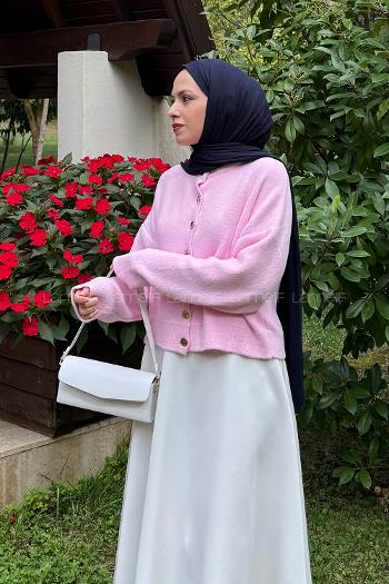 Lamelif Gold Düğme Detaylı Hırka Pembe